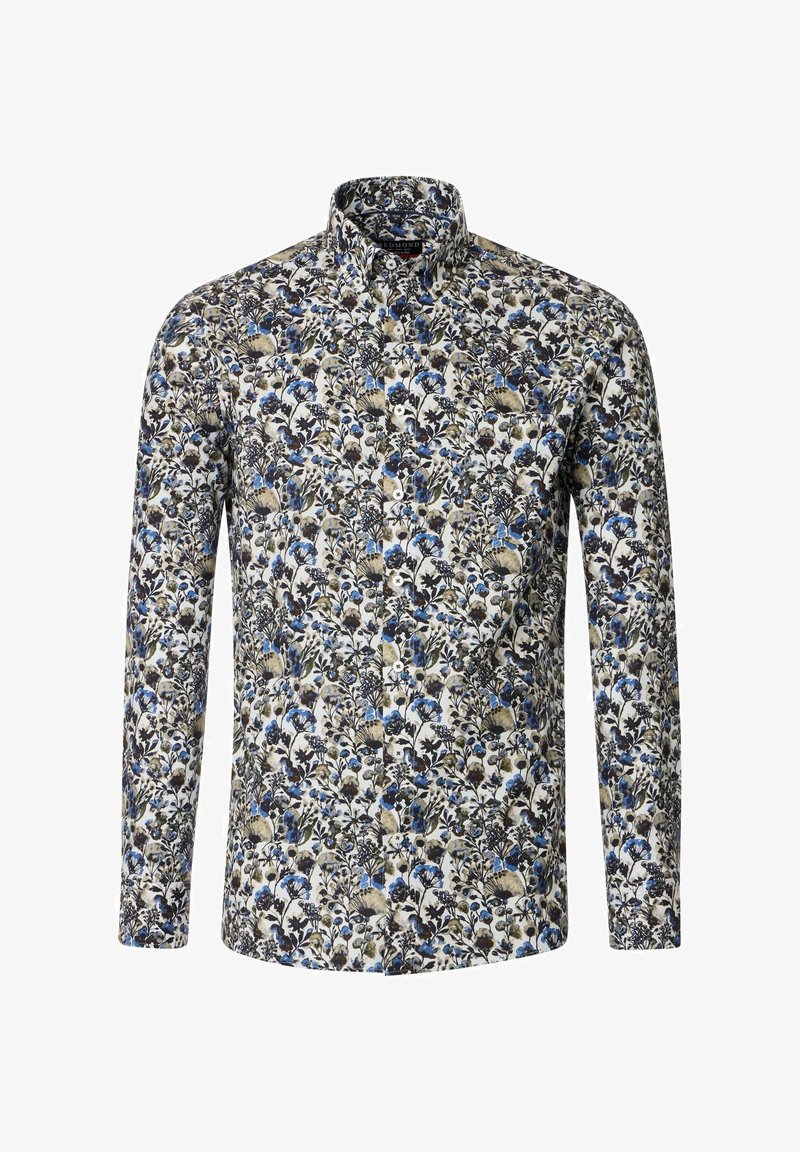 Langsleeve shirt in het wit met een bloemenpatroon in blauw, zwart en beige. Heeft een button-down kraag en knopen aan de voorkant.