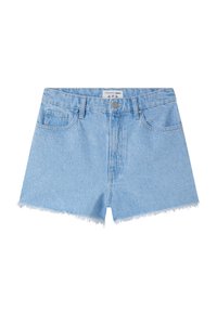 Shorts in denim azzurro chiaro con orlo strappato, caratterizzati da un motivo a pois e due tasche frontali. Chiusura con bottone metallico e zip.