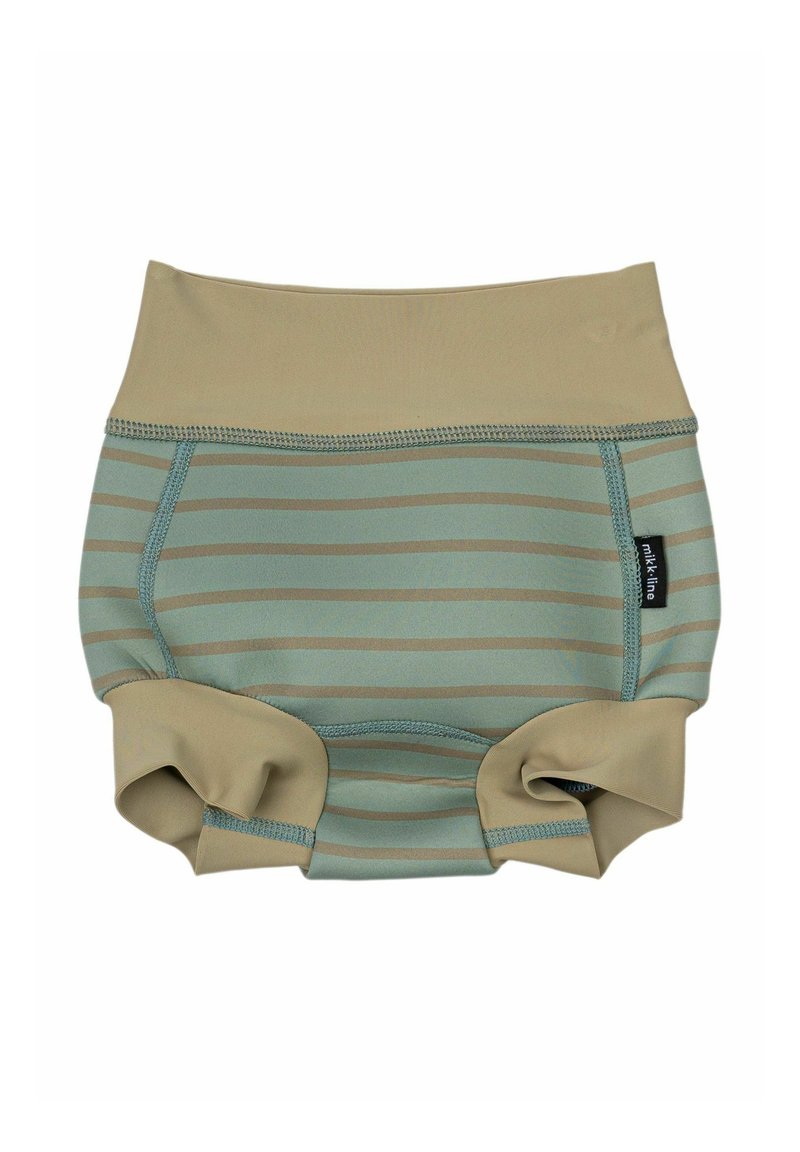 Costume da bagno a strisce in verde e beige tenue, con vita alta, bordi elastici e tessuto morbido con accentuazioni arricciate sui lati.
