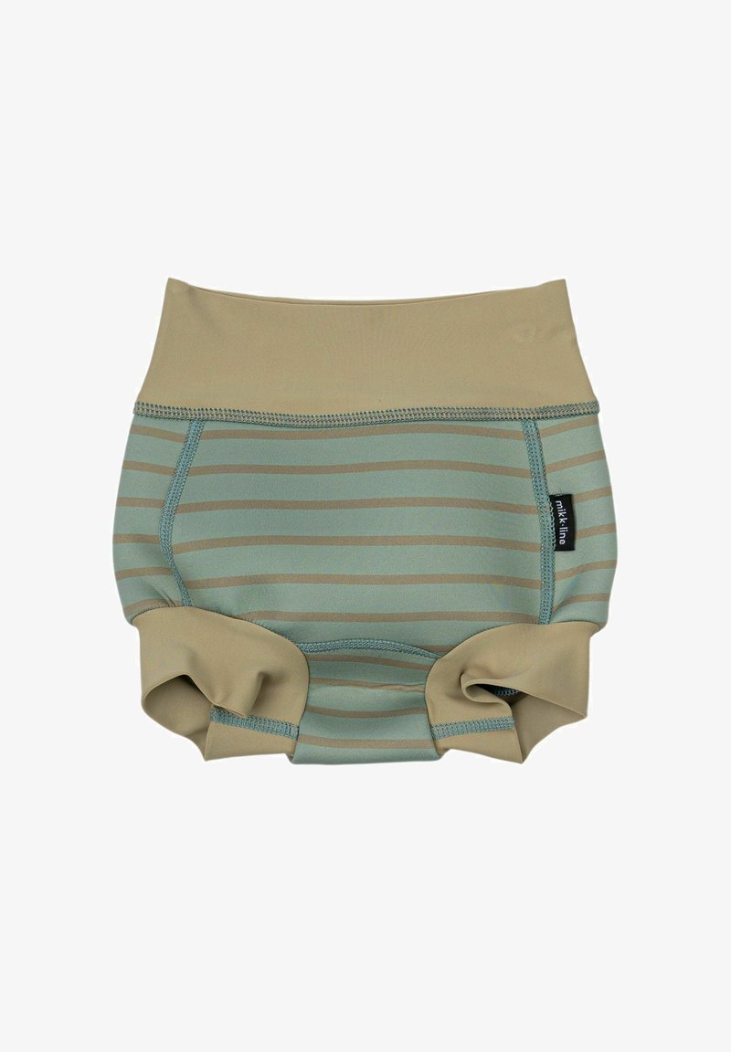 Gestreifter Schwimmauslauf in gedecktem Grün und Beige, mit hohem Bund, elastischen Kanten und weichem Stoff mit gerafften Seitenakzenten.