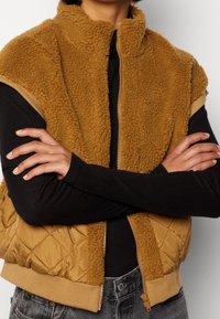 Beżowa kamizelka bez rękawów z puszystym polarem z przodu i pikowanymi bokami, z wysokim kołnierzem i zamkiem błyskawicznym. Pod nią czarna koszula z długim rękawem.