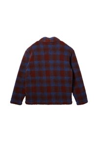 Brun og blåternet fleecejakke med krave, lange ærmer og en tekstureret overflade. Har et afslappet design set bagfra.