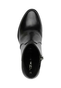 Stivaletto in pelle nera con punta affusolata, texture liscia e zip laterale. Taglia 37 visibile sulla fodera interna.