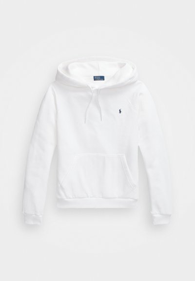 Felpa bianca con cappuccio e tasca a marsupio frontale, coulisse sul cappuccio, polsini a costine e piccolo logo ricamato blu navy sul petto.