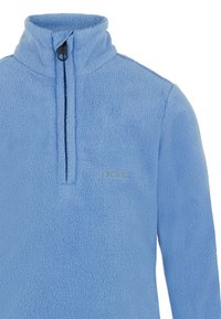 Pullover in pile blu con colletto alto, mezza zip e texture morbida. Presenta un discreto logo 'protest' in colore abbinato.