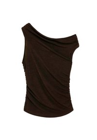Top marrón, con escote fuera de los hombros, de diseño drapeado y textura fruncida en el costado, fabricado con una tela suave y elástica.