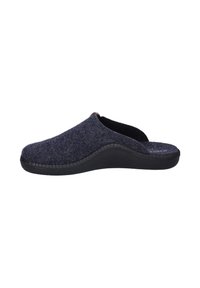 Pantofole in feltro grigio scuro con design curvo, texture morbida e suola in gomma nera. Presentano cuciture decorative lungo il bordo.
