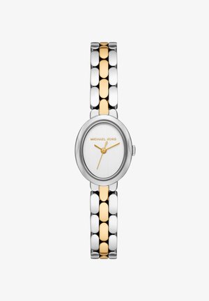 Ovale zilveren horloge met gouden wijzers en "Michael Kors" logo, met een tweekleurige zilveren en gouden schakelarmband.