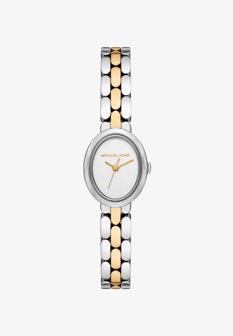 Ovaler silberner Uhr mit goldenen Zeigern und "Michael Kors"-Logo, mit einem zweifarbigen silbernen und goldenen Gliederarmband.