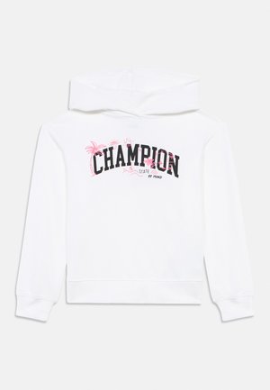 Hvid hættetrøje med "CHAMPION" i fede sorte bogstaver med pink tropiske illustrationer og teksten "STATE OF MIND" nedenunder.