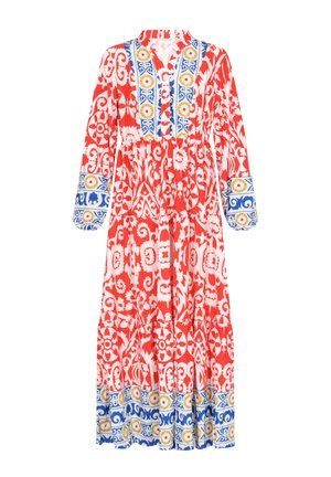Rochie maxi cu model roșu și alb, cu mâneci lungi, având accente brodate în albastru și galben de-a lungul gâtului și tivului.