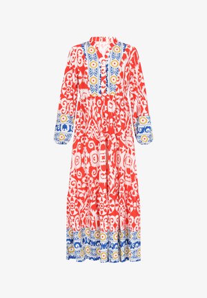 Rode en witte maxi-jurk met een patroon en lange mouwen, met blauwe en gele geborduurde accenten langs de halslijn en de zoom.