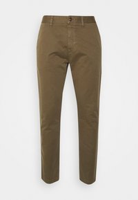 Kaki chinos med rak passform, knappstängning och sidofickor; tillverkade av ett mjukt, hållbart tyg med minimal textur.