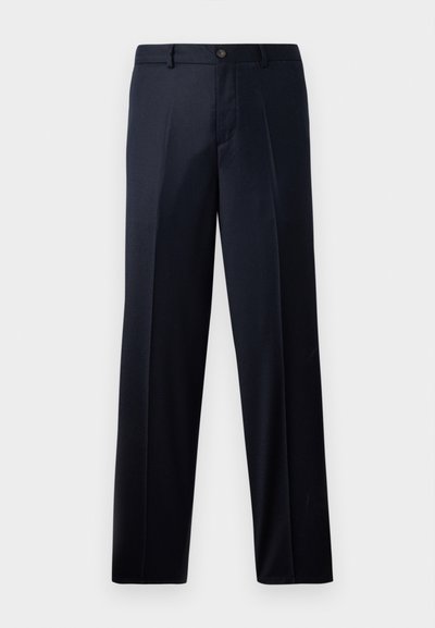 Marineblaue Hose mit flachem Vorderteil, aus gewebtem Stoff. Mit Knopfverschluss, Gürtelschlaufen und geradem Bein.