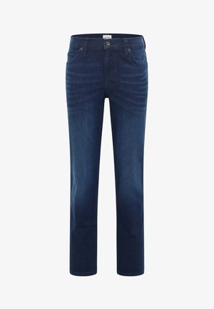 Tumedate sinised teksad otse jalgadega kujunduses, viie tasku ja kontrastsete õmblustega. Omab nuppu ja tõmbluku sulgemist.