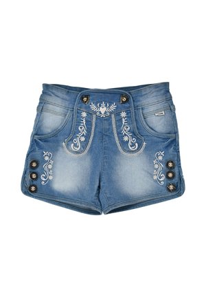 Jeansshorts mit weißer Blumenstickerei, Knopfdetails an der vorderen Klappe und den Seiten sowie Fronttaschen auf hellblauem, ausgebleichtem Stoff.
