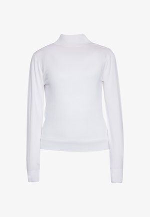 Biały, długi rękawowy top z wysokim kołnierzem, wykonany z miękkiej dzianiny. Posiada dopasowany krój i ribbowane mankiety dla tekstury.