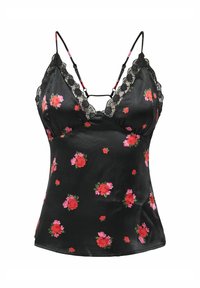 Camisón de satén negro con estampado floral en rojo y rosa, con detalles de encaje en el escote y tirantes ajustables.