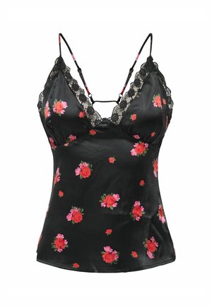 Camisole en satin noir avec imprimé floral en rouge et rose, dotée d'une bordure en dentelle le long de l'encolure et de bretelles spaghetti réglables.