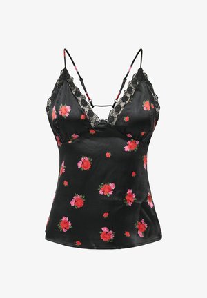 Svart satengammisole med blomstertrykk i rødt og rosa, med blondekant langs utringningen og justerbare spaghetti-stropper.