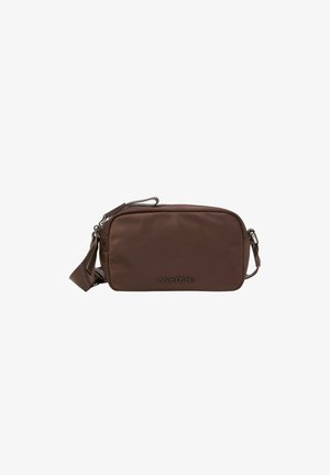 Borsa a tracolla in nylon marrone di forma rettangolare, con chiusura a zip, tracolla regolabile e logo del marchio embosso sul davanti.