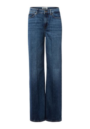 Wijde blauwe denim jeans met een middelhoge taille, vijf zakken en contrasterende stiksels. Soepele textuur en klassieke blauwe kleur.