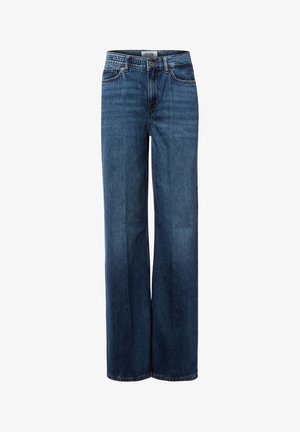 Wide-leg blue denim jeans with a mid-rise waist, five-pocket design, and contrasting stitching. Smooth texture and classic blue hue.
