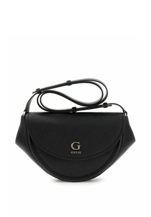 Sac à épaule noir semi-circulaire Guess avec sangle réglable et logo "G" argenté sur le rabat avant.