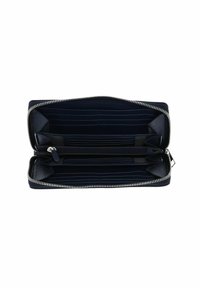 Navy leather wallet with silver zipper, featuring multiple card slots, two compartments, and a lined interior for organization.