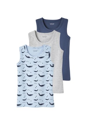 Three sleeveless children's tank tops in blue whale pattern, plain light gray, and plain navy blue, layered on white background.