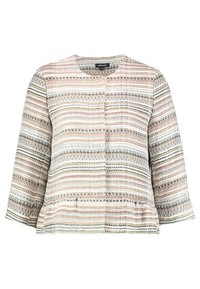 Dames gebreid jack met lange mouwen en horizontale strepen in beige, grijs en bruine tinten, voorzien van een ronde halslijn en knopen aan de voorkant.