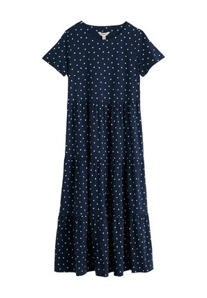Tamsiai mėlyna trumpomis rankovėmis sluoksniuota midi suknelė su baltomis taškeliais ir apvalia iškirpte.