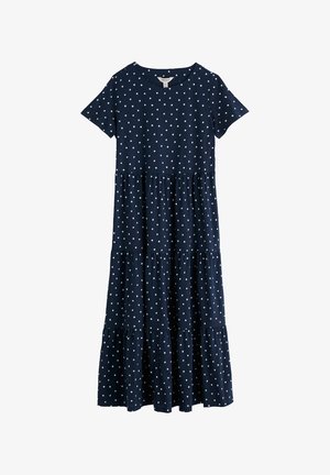 Vestido midi azul marino de manga corta con volantes, lunares blancos y escote redondo.