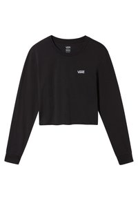 Musta pitkähihainen crop-toppi, joka on valmistettu pehmeästä puuvillasta. Paidassa on pyöreä pääntie ja rintamuksessa brodernattu "VANS"-logo. Yksinkertainen muotoilu, ei kuvioita.