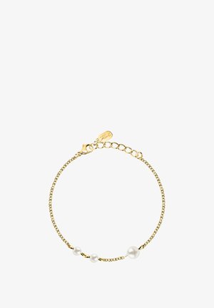 Guldarmband med tre vita pärlor, med en delikat design och en karbinhake för säker stängning.