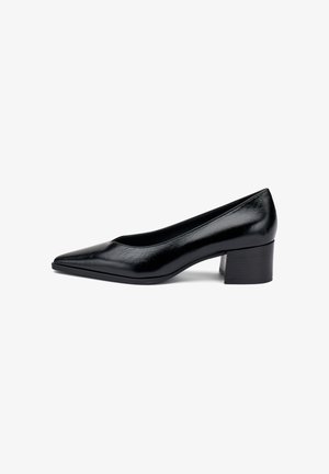 Escarpin en cuir noir avec un bout pointu et un petit talon bloc. Texture lisse, design épuré et un éclat subtil.