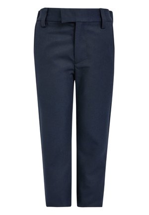 Pantalon bleu marine à coupe droite avec passants de ceinture et fermeture éclair à l'avant, présenté sur un fond blanc.
