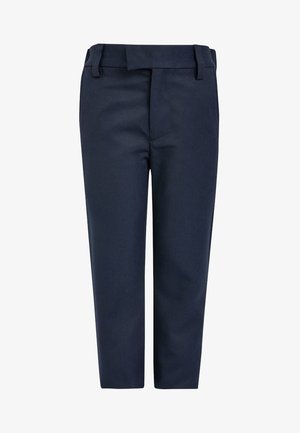 Pantalon bleu marine à coupe droite avec passants de ceinture et fermeture éclair à l'avant, présenté sur un fond blanc.
