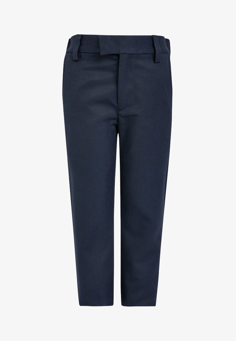 Pantalon bleu marine à coupe droite avec passants de ceinture et fermeture éclair à l'avant, présenté sur un fond blanc.