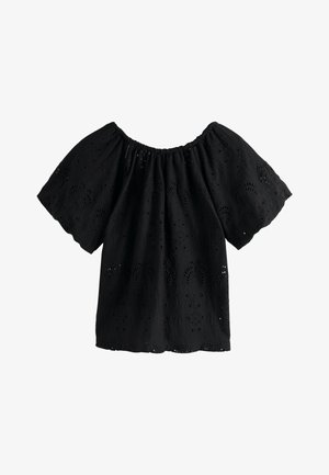 Schwarze schulterfreie Bluse mit elastischem Ausschnitt, Ösenstickerei und kurzen Puffärmeln.