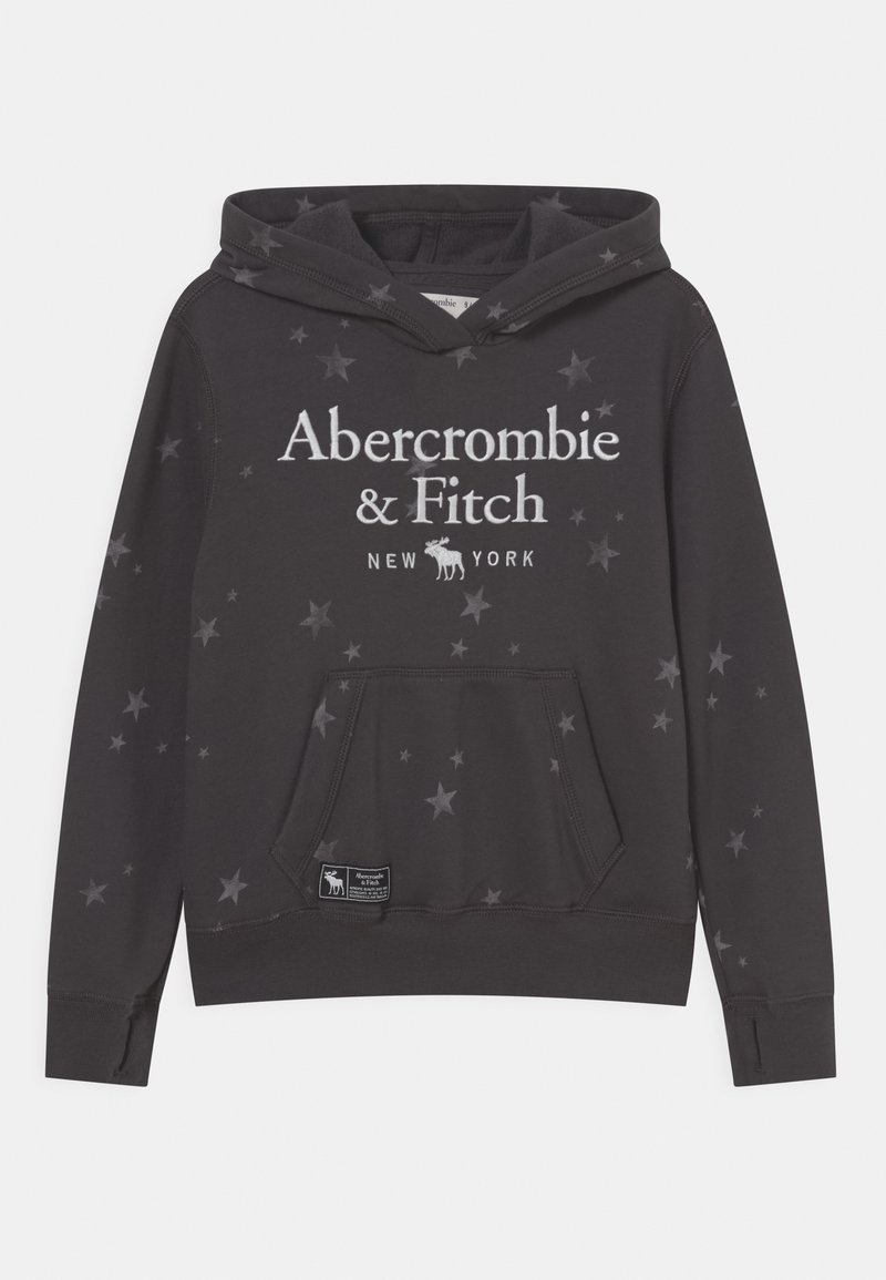 Dark gray hooded sweatshirt featuring a star pattern, front pouch pocket, and white text branding. Made from soft fabric with ribbed cuffs.