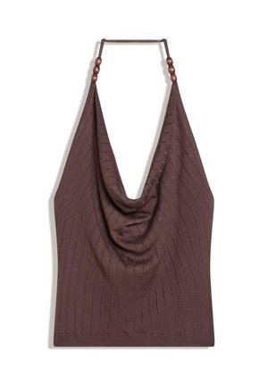 Hnedý rebrovaný pletený halter top s vrchným vodopádovým výstrihom a korálkovými ramienkami, bez rukávov a priliehavý v páse.