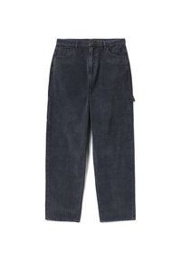 Dunkelgraue Cordhosen mit lockerem Schnitt, ausgestattet mit einem Knopfverschluss, zwei vorderen Taschen und einem seitlichen Cargo-Taschendetail.