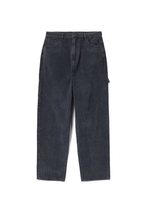 Donkergrijze corduroy broek met een losse pasvorm, voorzien van een knoopsluiting, twee steekzakken aan de voorkant en een zijcargo-zak detail.