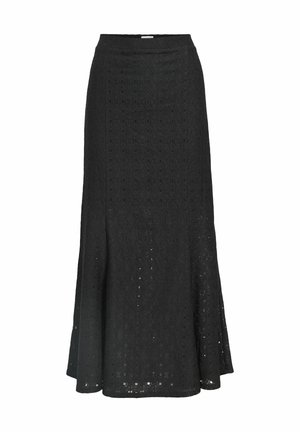 Jupe noire, longueur genou, en tissu texturé avec des motifs complexes et des découpes. Silhouette en A avec une taille cintrée.