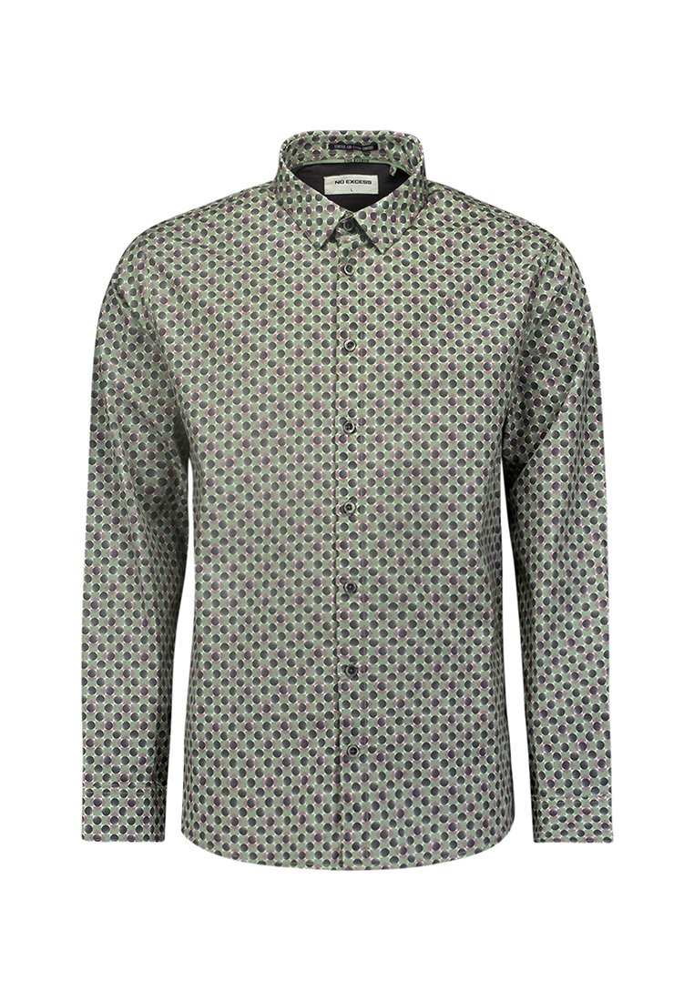 Langarmhemd aus leicht grünem Stoff mit einem geometrischen Muster aus lila und dunkelblauen Kreisen, ergänzt durch einen klassischen Kragen und Knöpfe.