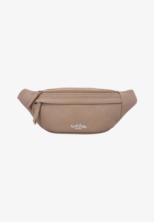 Sac banane en cuir beige avec deux compartiments zippés et une sangle ajustable, arborant un petit logo blanc "Guest Looker studio".