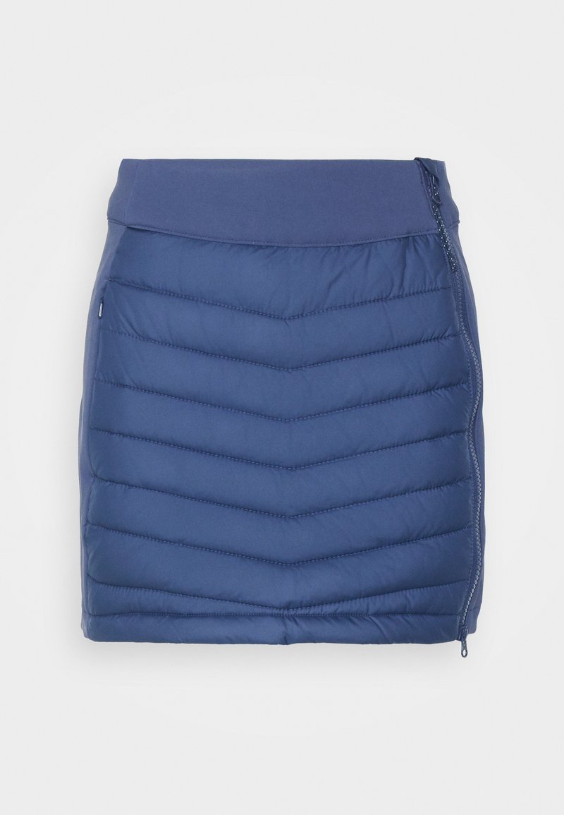 Usztywniona spódnica w ciemnoniebieskim kolorze z wzorem w zygzak, z gładkim pasem w talii i bocznym zamkiem błyskawicznym do zapięcia.