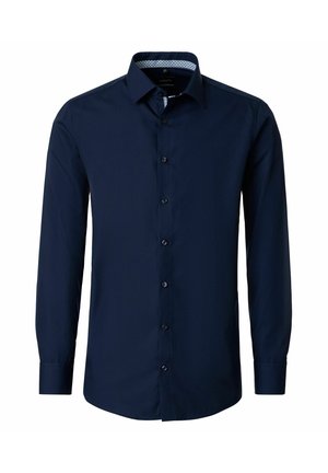 Marineblaues Herrenhemd mit langen Ärmeln, durchgeknöpft, mit gemustertem Innenkragen, auf weißem Hintergrund präsentiert.