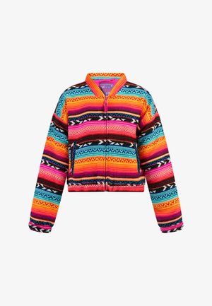 Színes, rövidített dzseki cipzáros elülső résszel, élénk csíkos és geometrikus mintázattal rózsaszín, kék és narancssárga árnyalatokban.